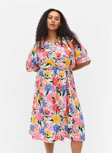 Printed short-sleeved midi dress, Crystal G flower AOP, Model image number 0
