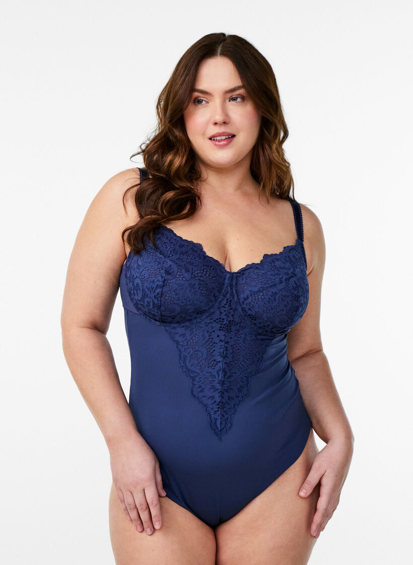 Bodystocking with underwire and lace, Blue, Model image number 0