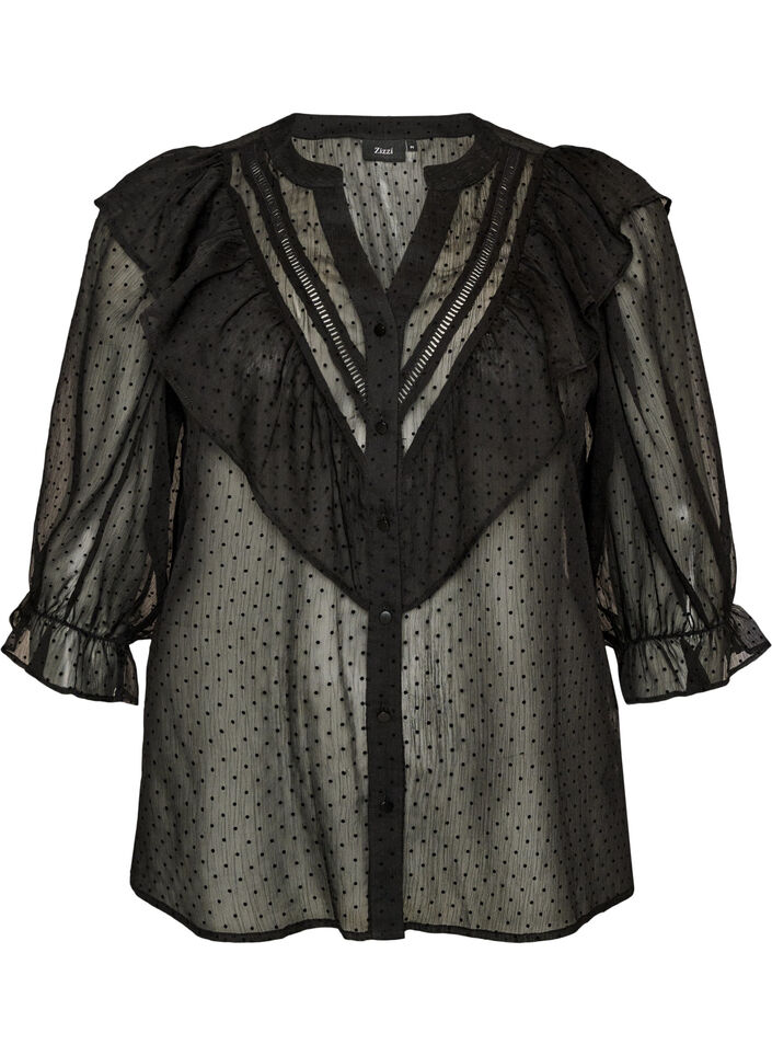 Sheer shirt blouse with dots and ruffle details, Black, Packshot image number 0
