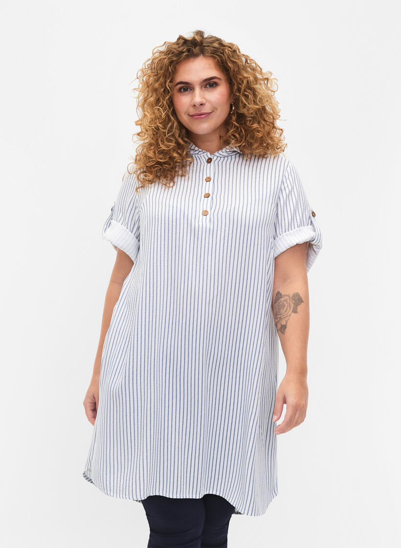 Short-sleeved viscose tunic with hood, Blue White Stripe, Model image number 0