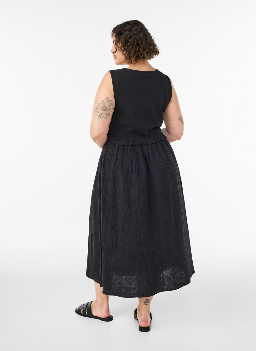 Sleeveless cotton midi dress with rib and muslin, Black, Model image number 1