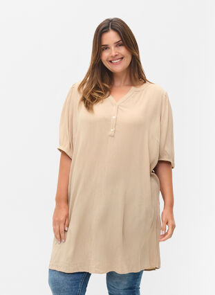 Viscose tunic with V-neck and buttons, Humus, Model image number 0