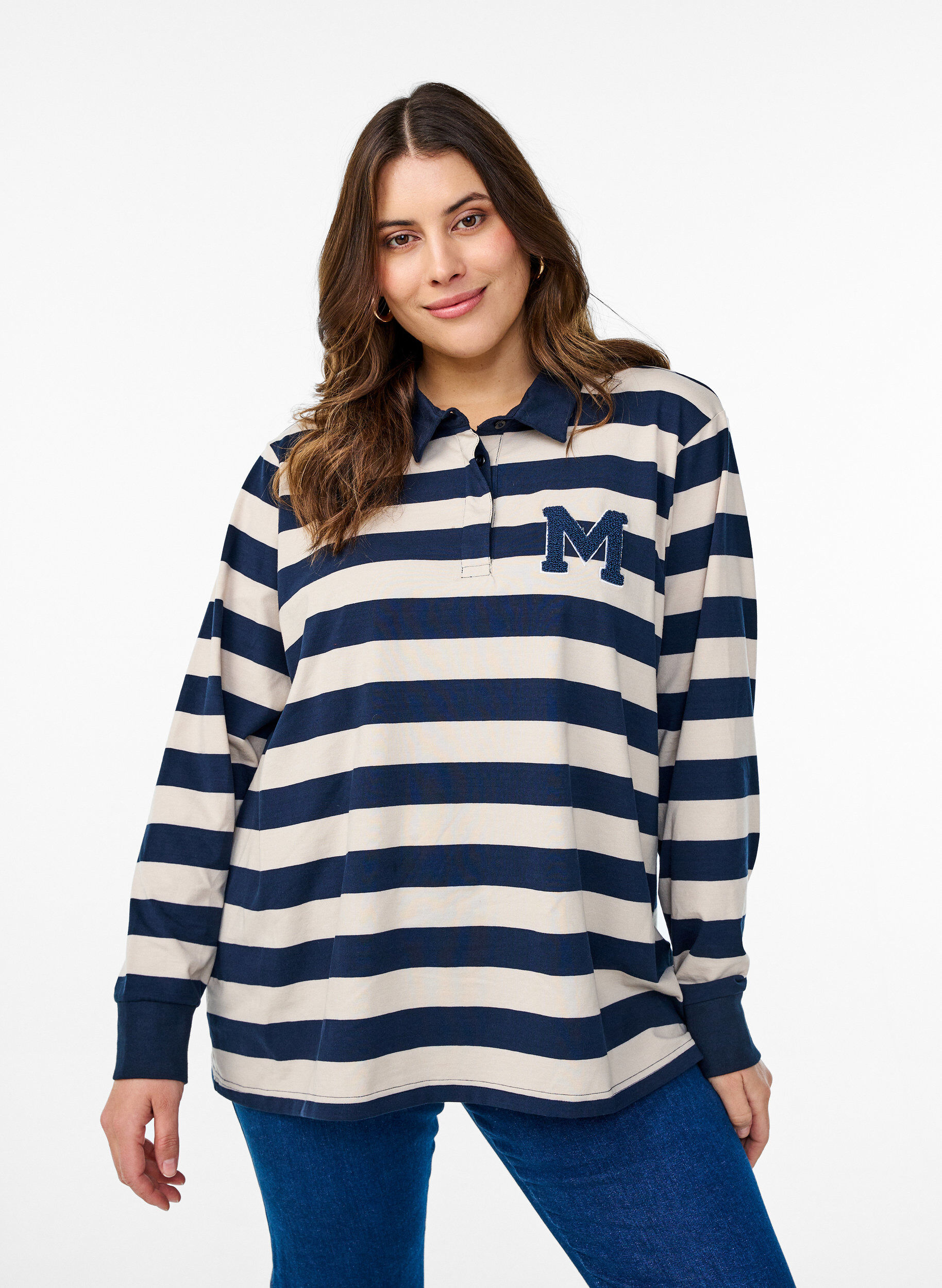 Striped polo shirt with terry detailing, Birch w. Navy, Model