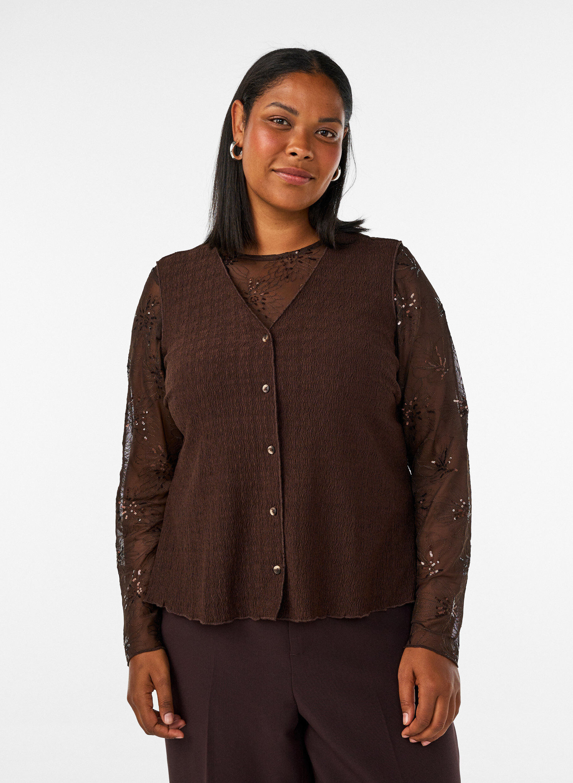 ZizzifashionSleeveless top with a wavy texture and button fastening, Brown, Model image number 0
