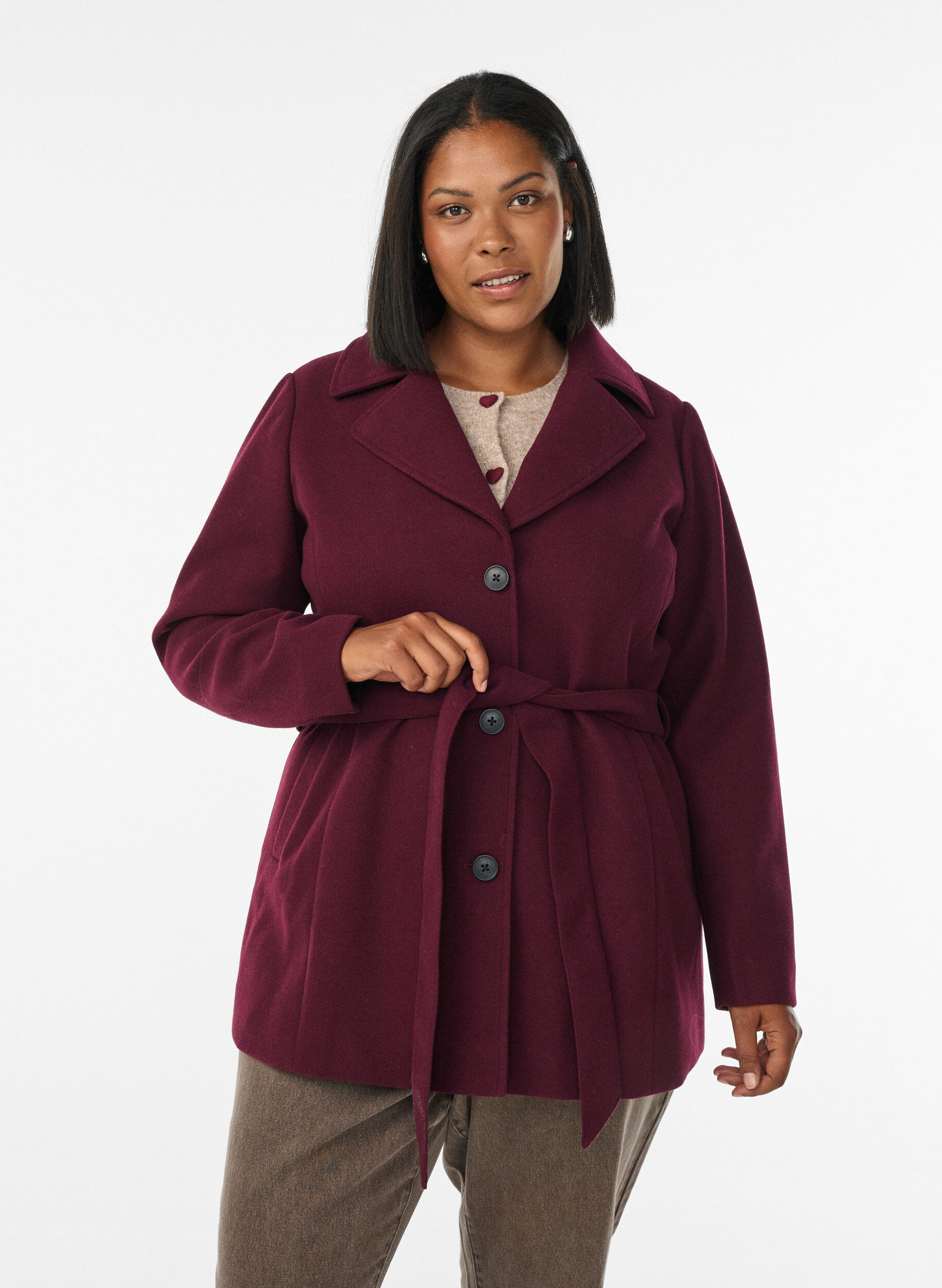 Short coat with a belt, Dark Bordeaux, Model