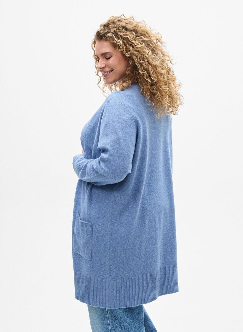 Ribbed Knit Cardigan with Pockets, Blue, Model image number 2