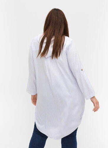 Viscose tunic with hood and 3/4-length sleeves, IcelandicBlue Stripe, Model image number 1