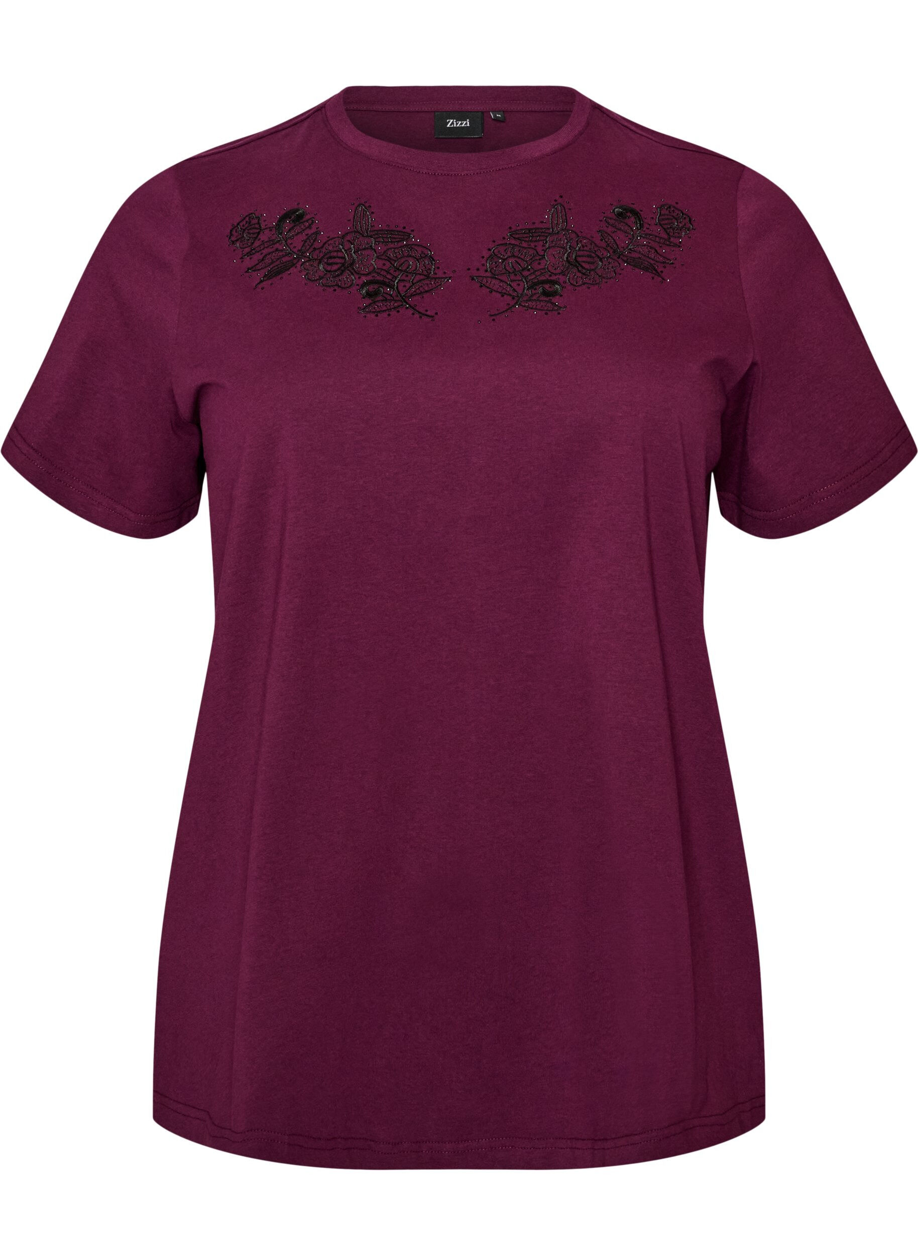 ZizzifashionT-shirt with floral embroidery and rhinestones, Purple, Packshot image number 0