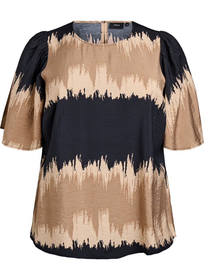 Blouse with wide sleeves and graphic print, Black, Packshot image number 0