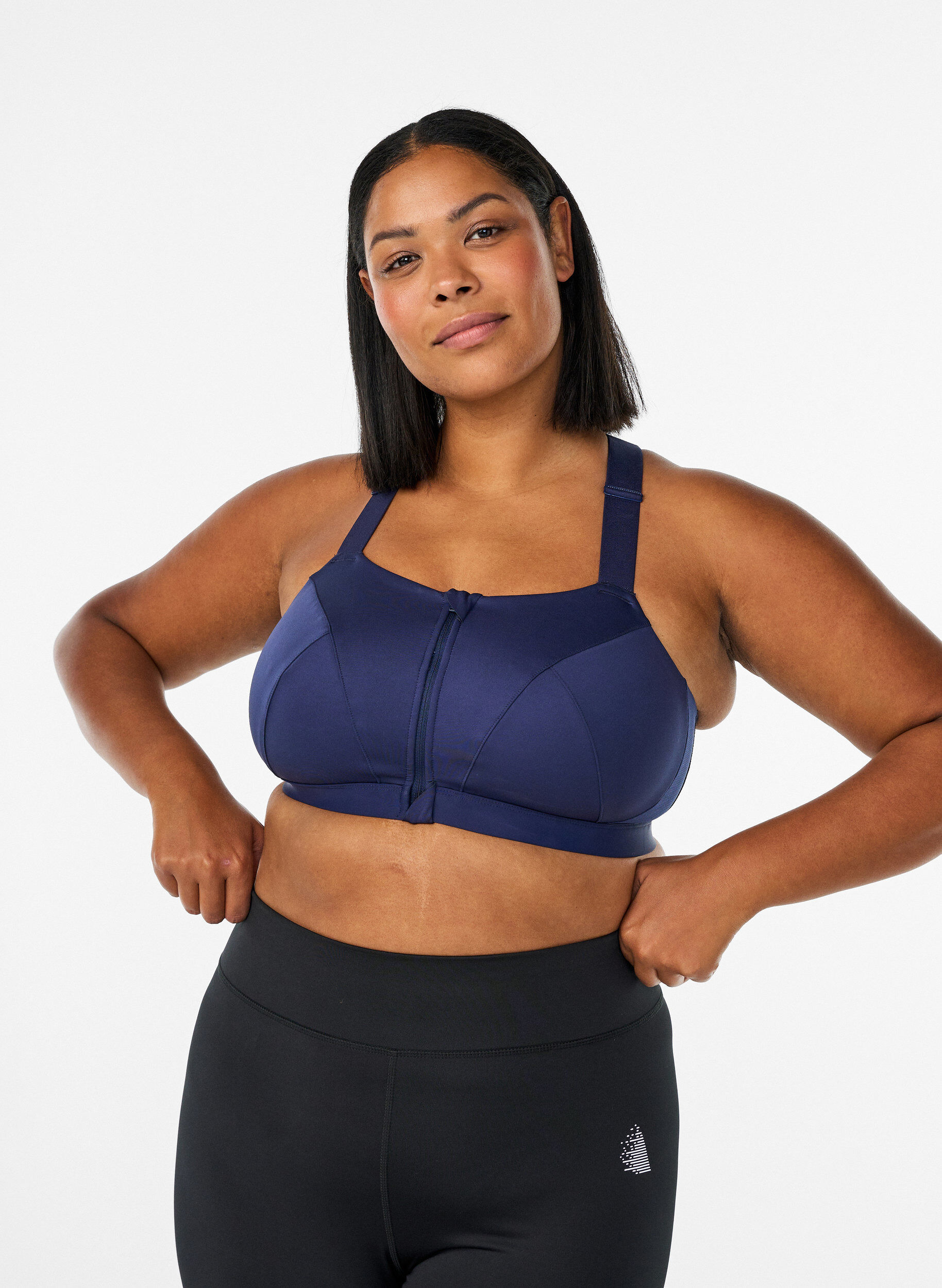 Sports bra with front closure and high support, Blue, Model