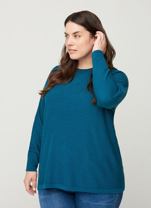 Ribbed knitted sweater with a round neck, Blue Coral, Model image number 0