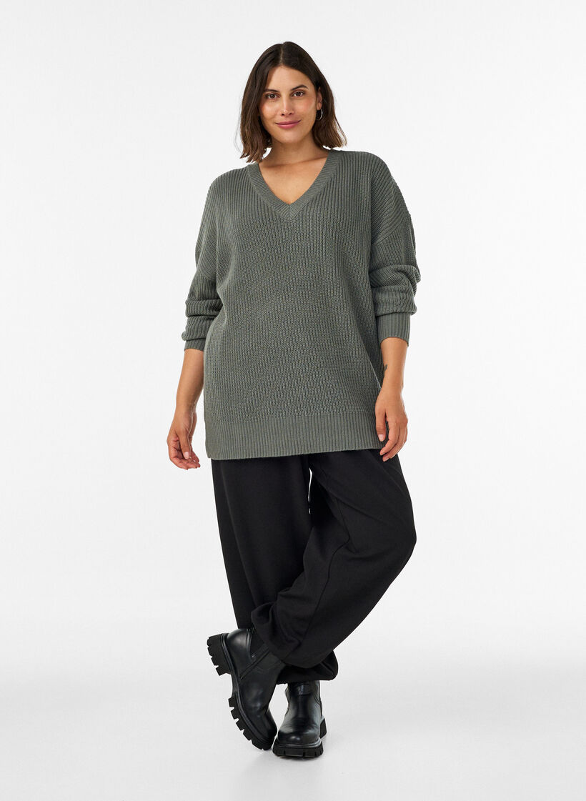 Long rib-knit blouse with a V-neck, Green, Model image number 1