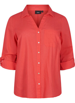 Shirt blouse with button closure in cotton-linen blend, Hibiscus, Packshot image number 0