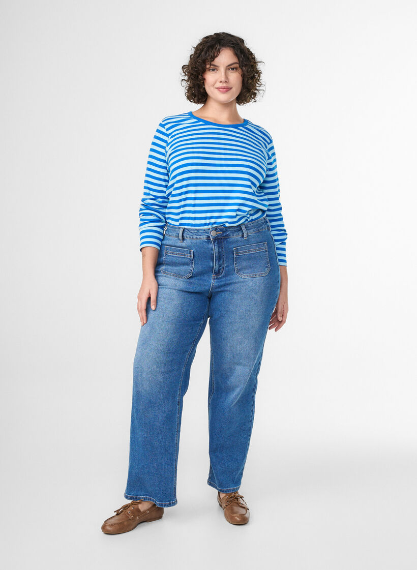 Striped blouse with long sleeves, Light Blue, Model image number 1