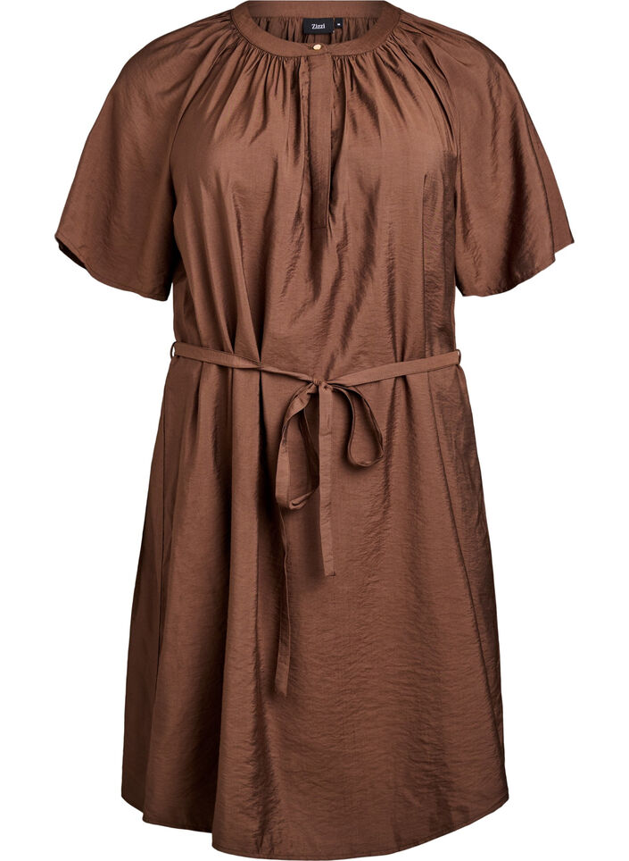 Knee-length dress with short sleeves and tie belt, Brown, Packshot image number 0