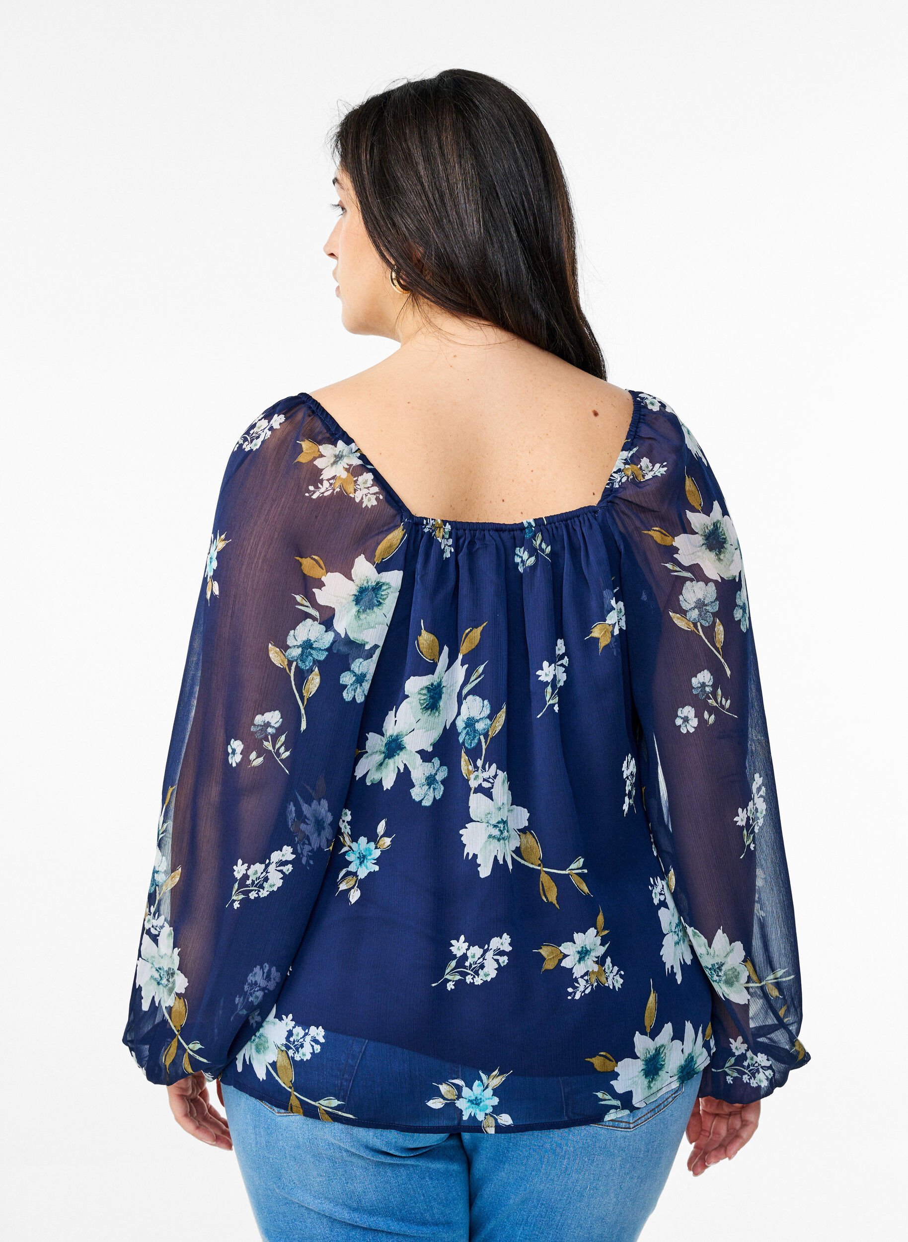 Zizzifashion Chiffon blouse with floral print and long sleeves, Blue, Model image number 2