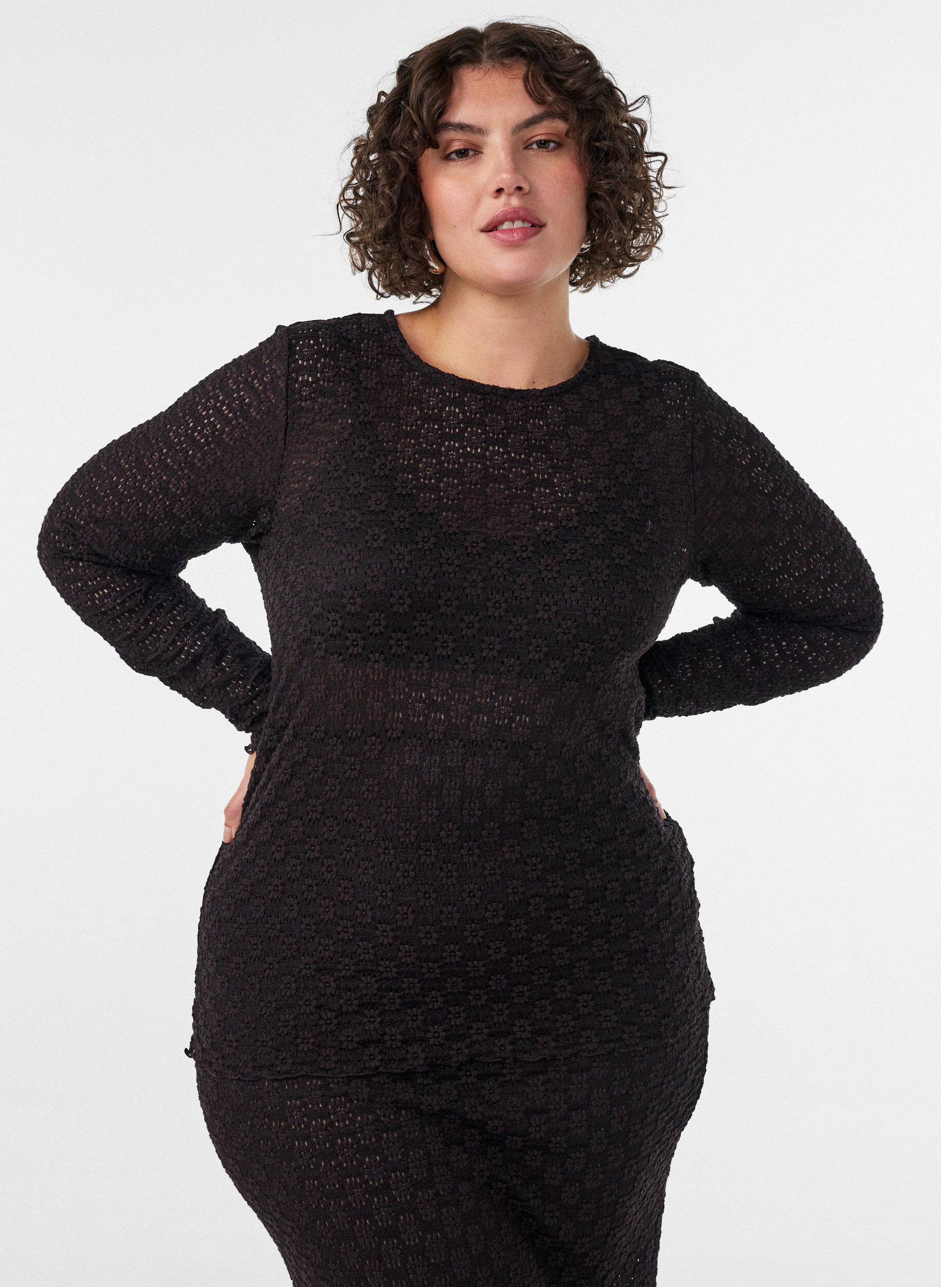 ZizzifashionBlouse with eyelet pattern and long sleeves, Black, Model image number 0