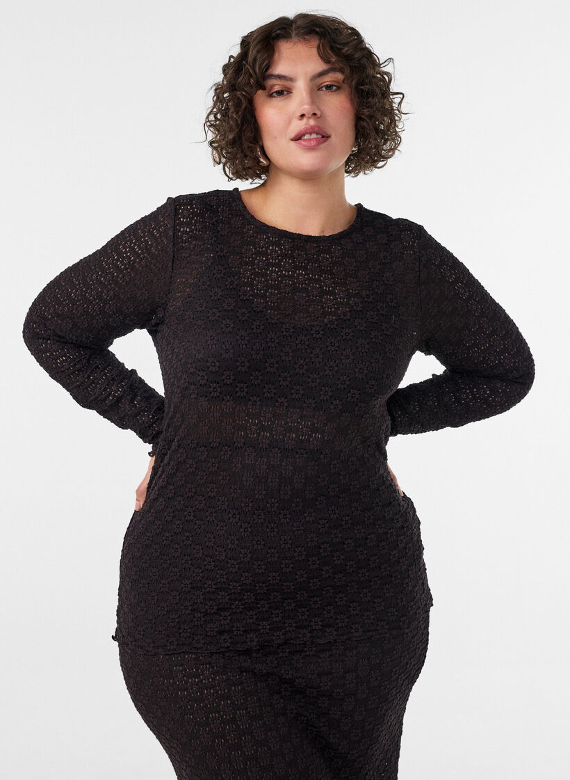 Blouse with eyelet pattern and long sleeves, Black, Model image number 0