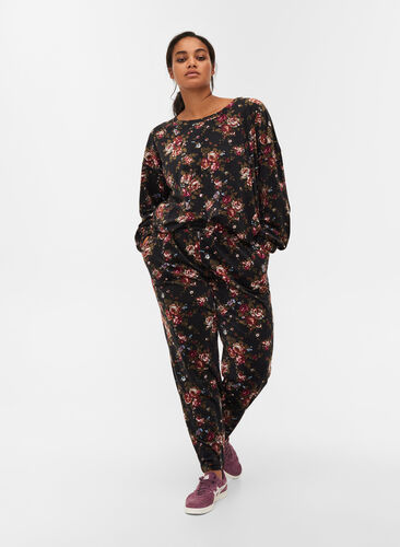 Floral print velour trousers with pockets, Flower AOP, Model image number 0