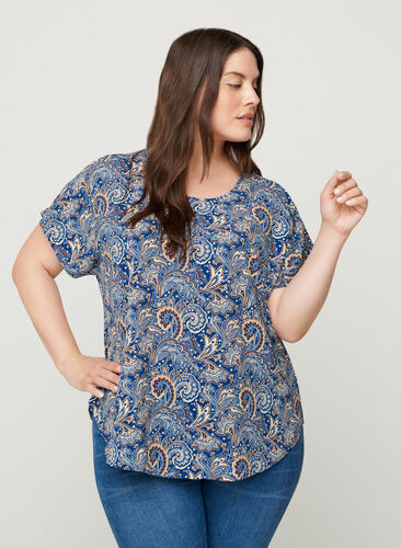 Blouse with short sleeves, Dark Blue Paisley, Model image number 0