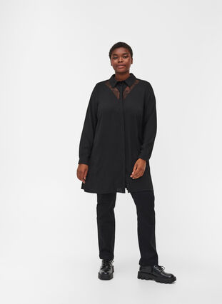 Long-sleeved tunic with lace details, Black, Model image number 2