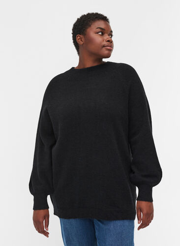 Knitted blouse with rib trim and round neckline, Black, Model image number 0