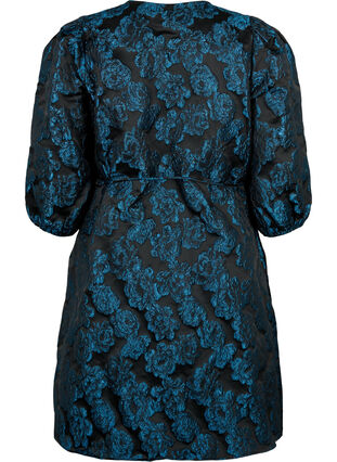 Jacquard wrap dress with 3/4 sleeves, Black Blue, Packshot image number 1