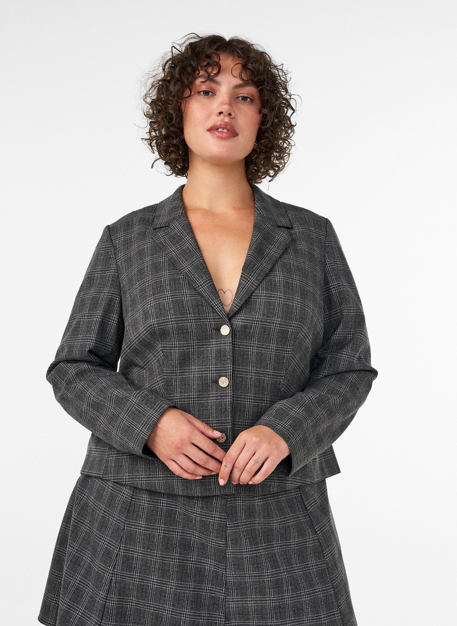 ZizzifashionShort blazer with a checked pattern, Dark Grey, Model image number 0