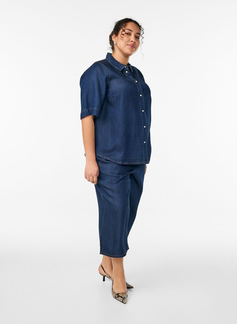 Lyocell culotte trousers with wide legs and denim look, Blue, Model image number 0