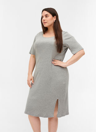 Short-sleeved dress in a ribbed fabric , Light Grey Melange, Model image number 0