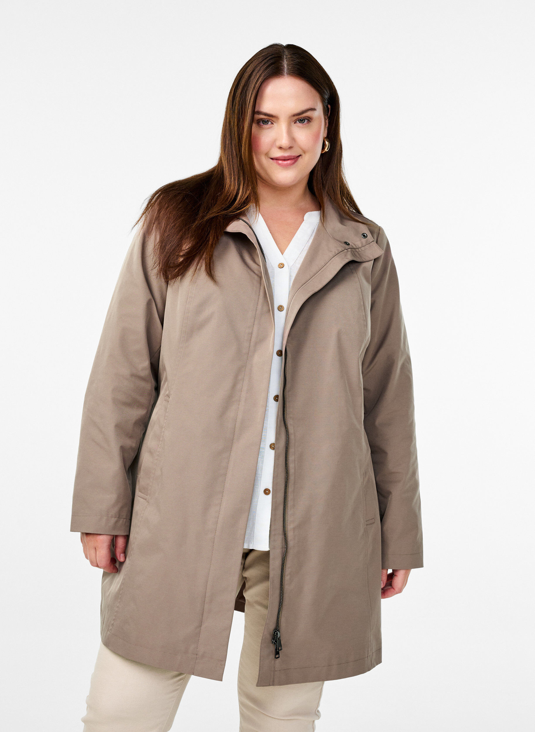Jacket with pockets and high collar, Brown, Model