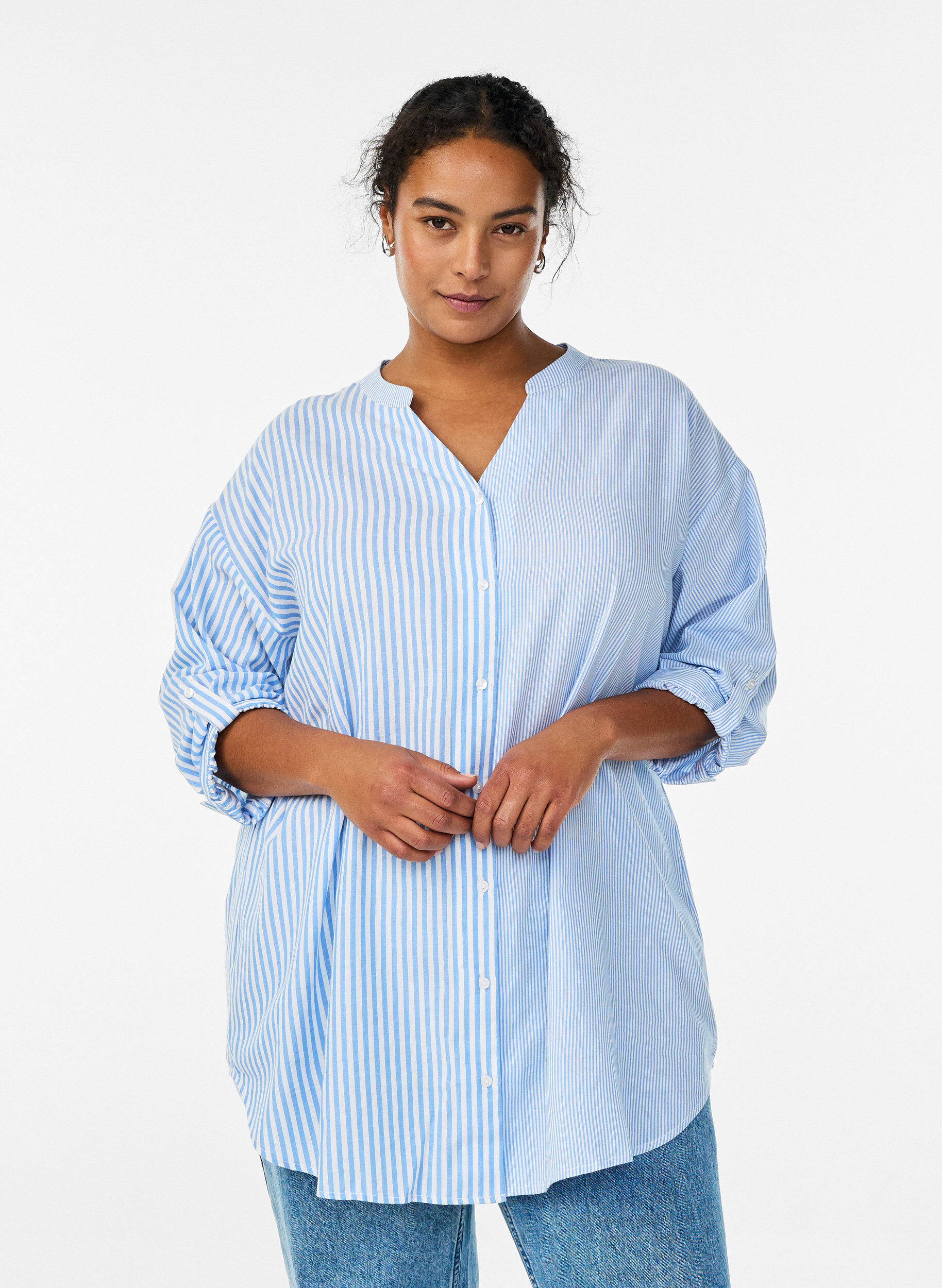 Striped tunic with 3/4 sleeves, Blue, Model