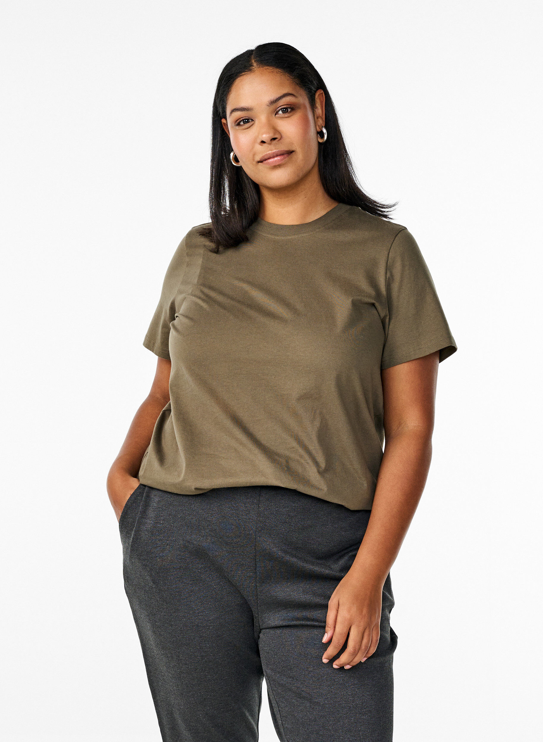 Basic cotton T-shirt with round neck, Green, Model
