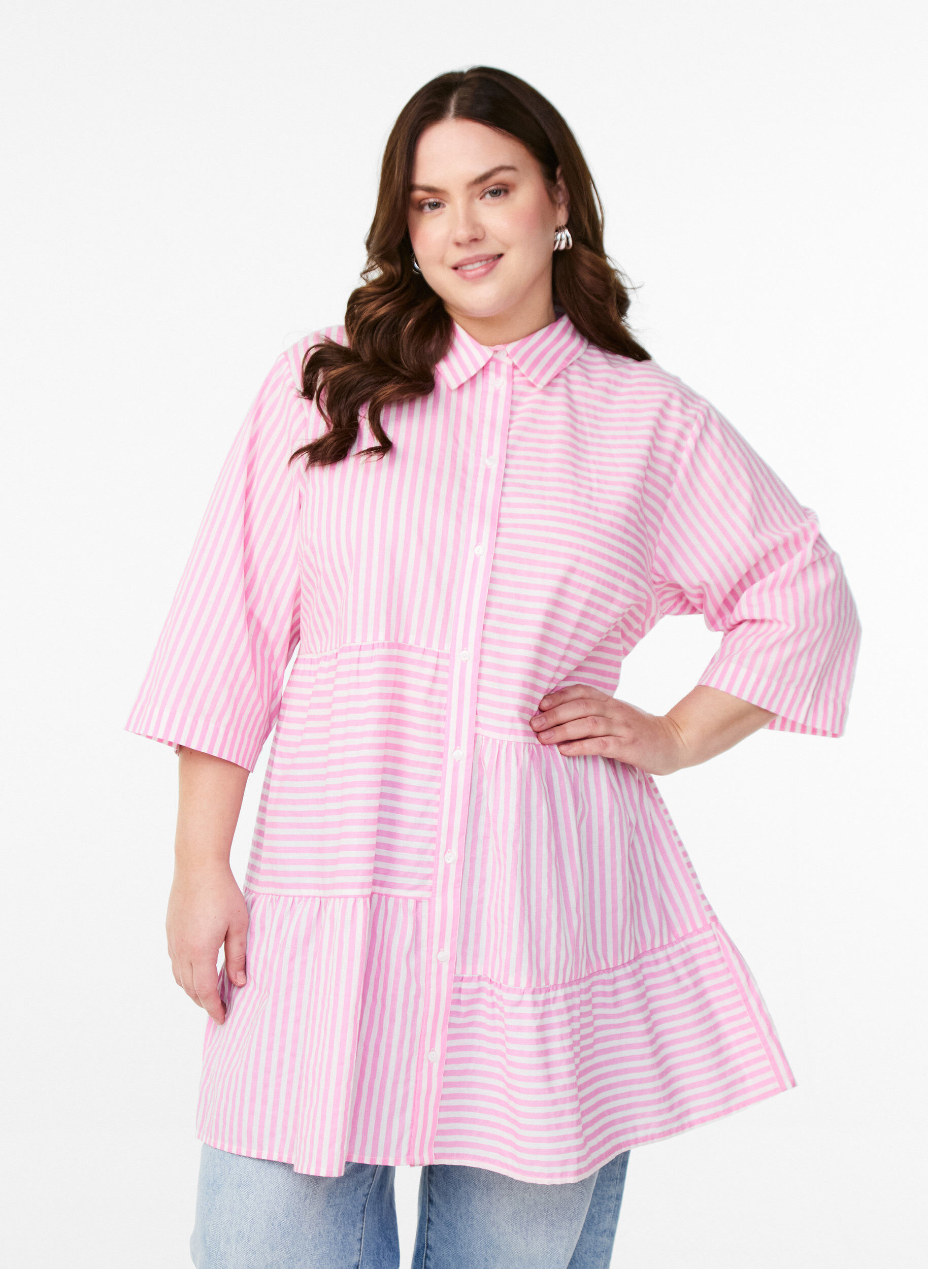 Zizzifashion Striped tunic with 3/4 sleeves and an A-line shape, Pink, Model image number 0