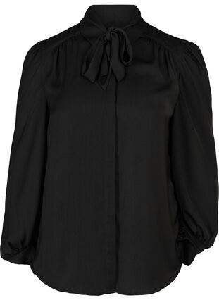 Shirt with light puff sleeves and a bow detail, Black, Packshot image number 0