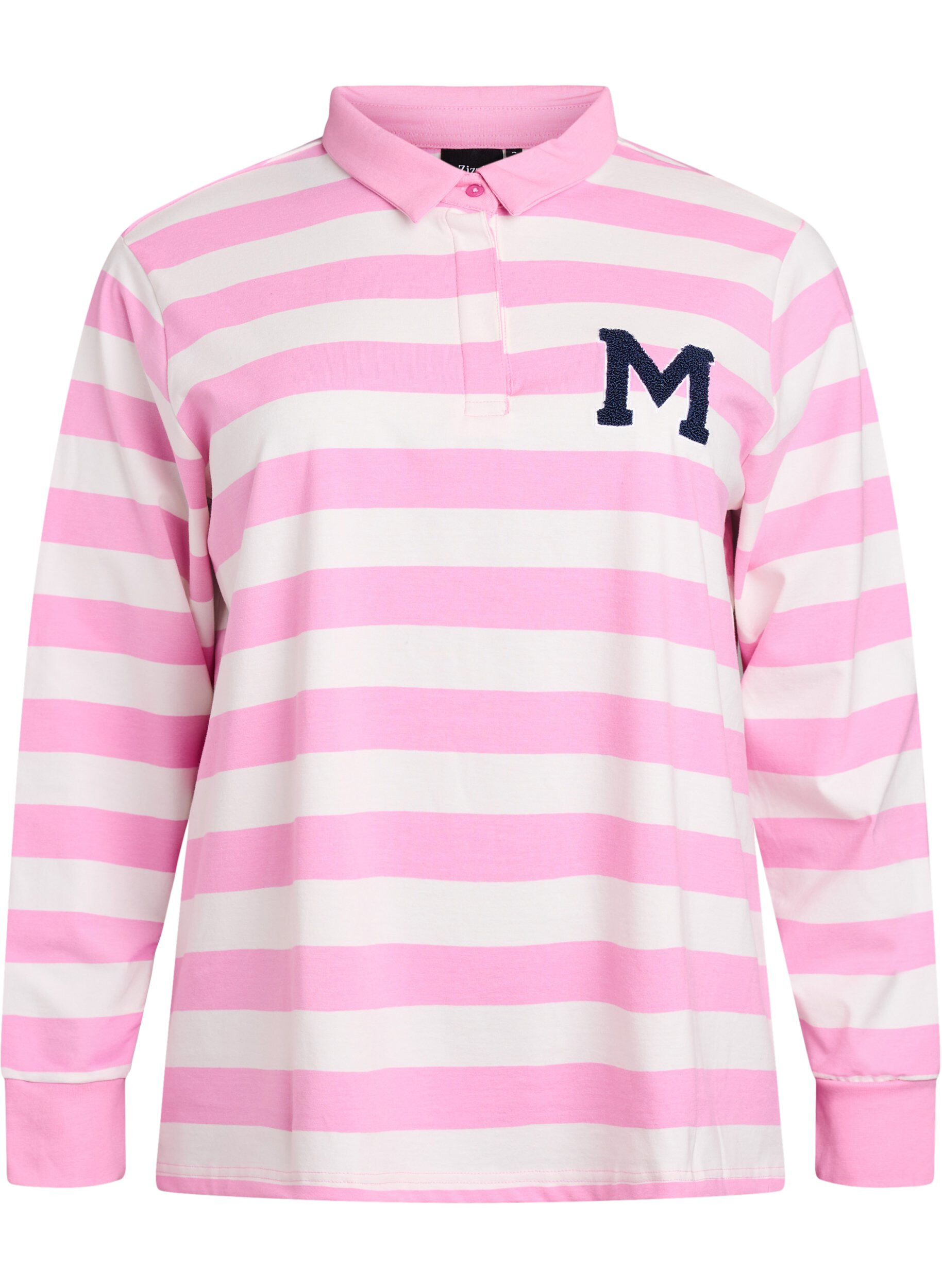 Zizzifashion Striped polo shirt with terry detailing, Bubblegum w. White, Packshot image number 0