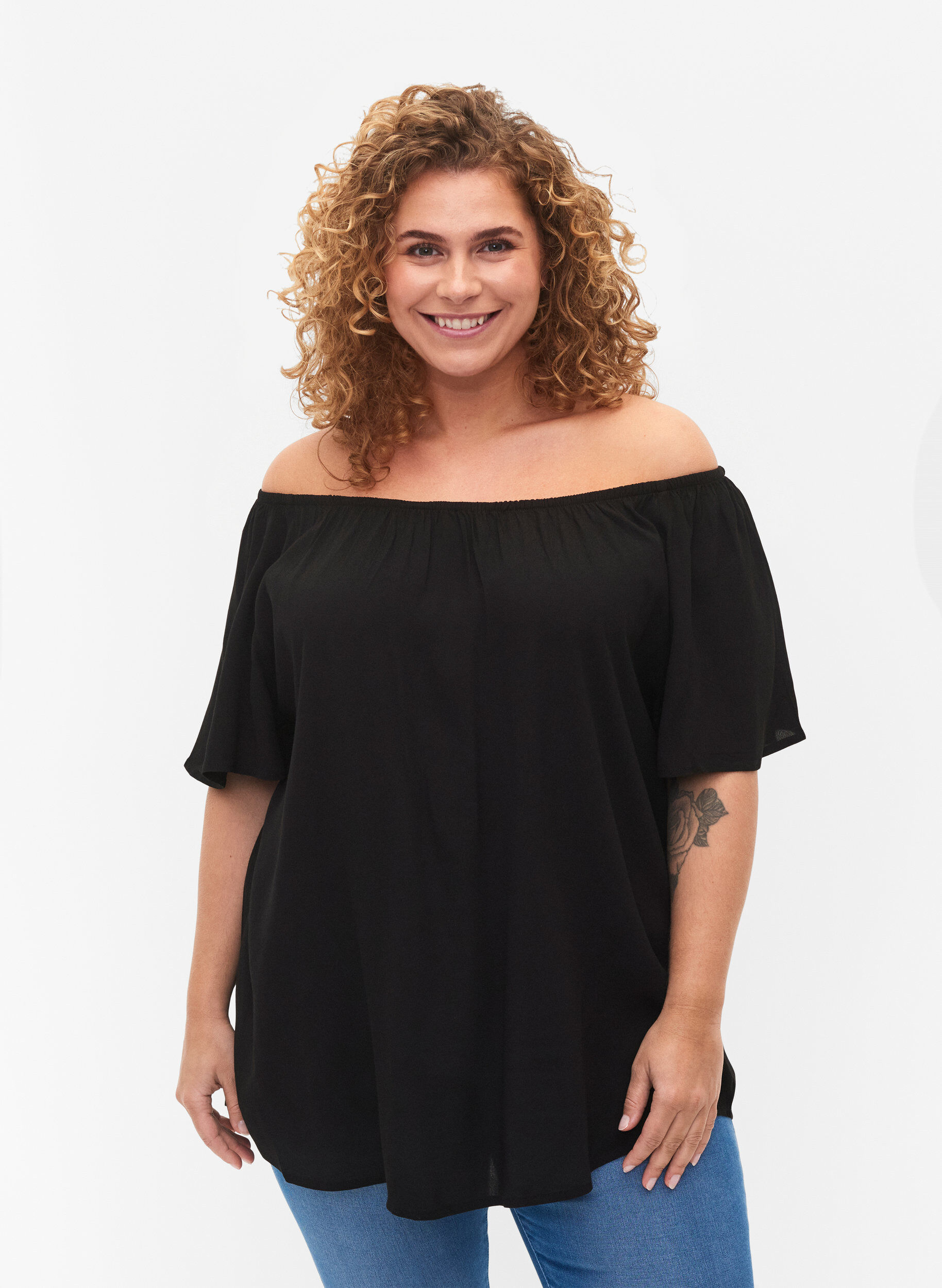 Zizzifashion Plain viscose blouse with short sleeves, Black, Model image number 0