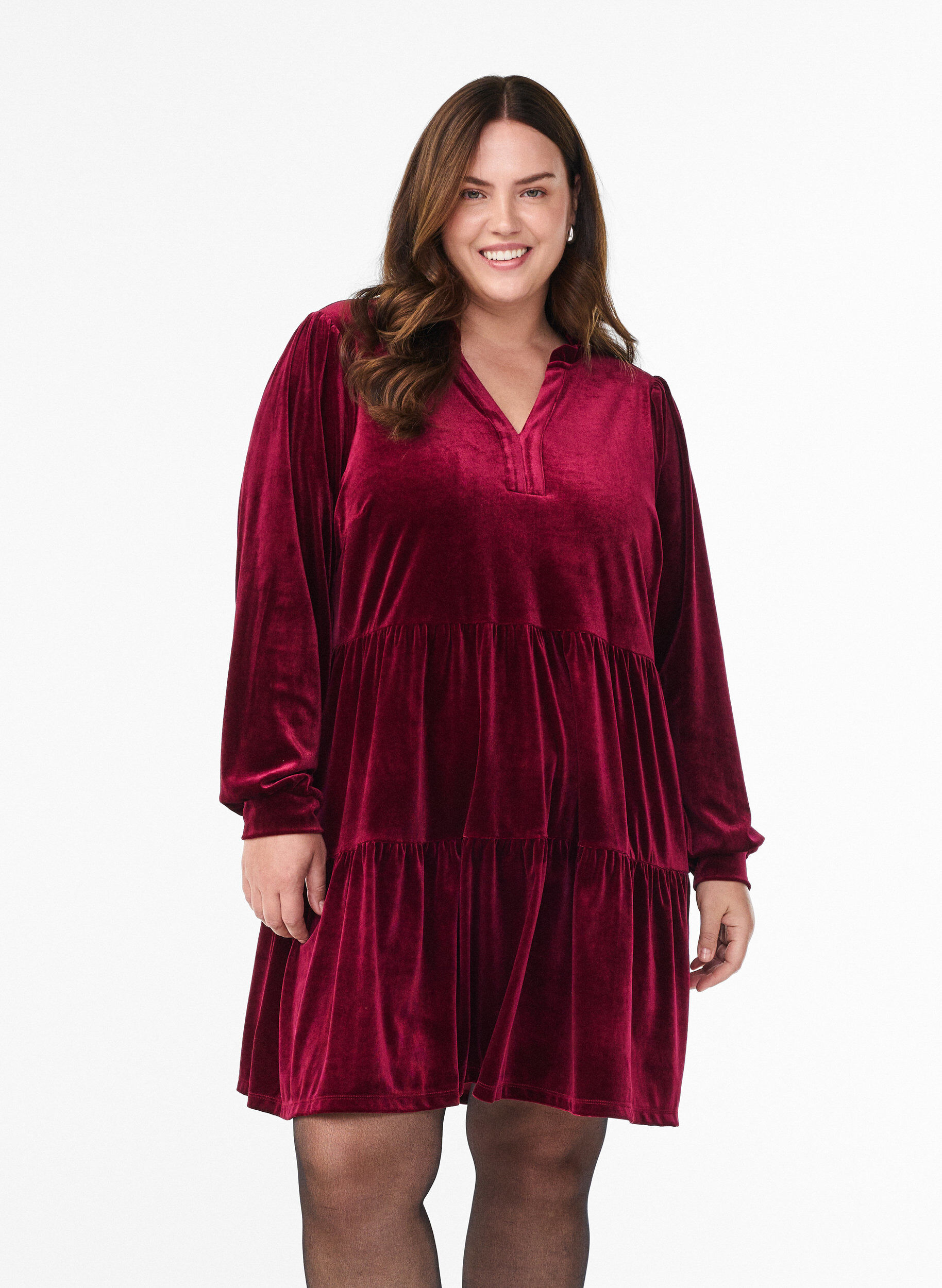 Short velour dress with a ruffle collar and long sleeves, Red, Model
