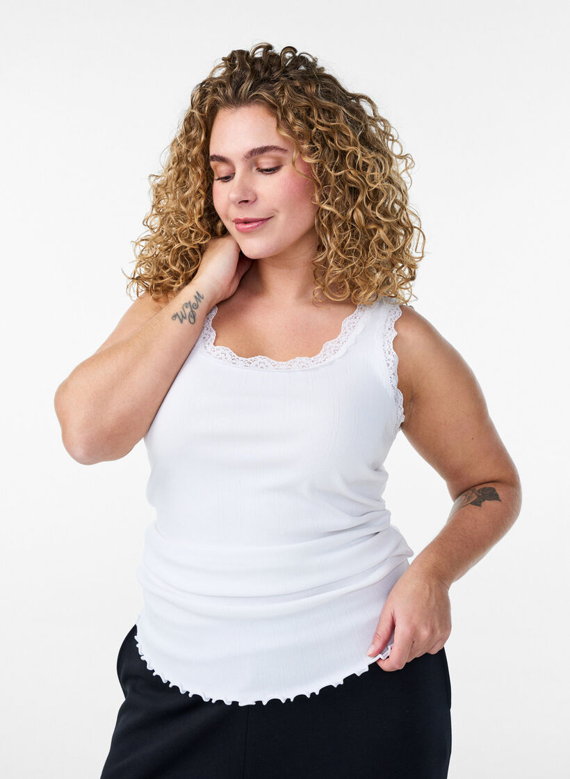 Tank top with lace trim and eyelet embroidery, White, Model image number 0