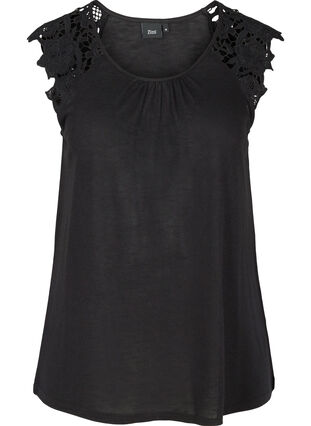 Plain-coloured top with lace sleeves, Black, Packshot image number 0