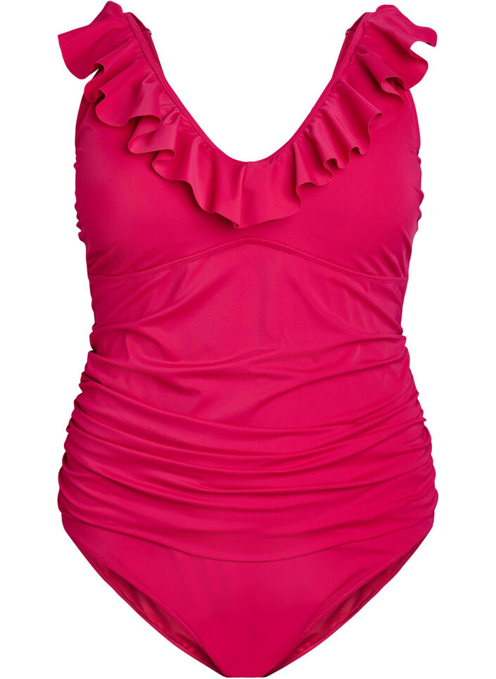 Swimsuit with ruffles and removable inserts, Cerise, Packshot image number 0