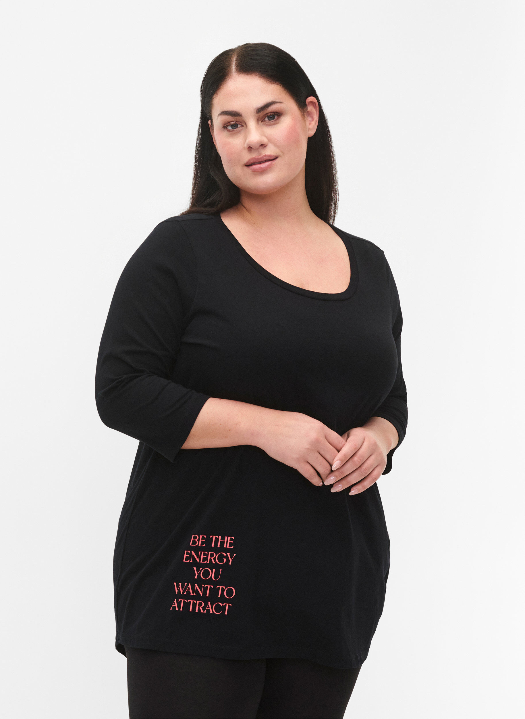 Zizzifashion Cotton t-shirt with 3/4 sleeves, Black, Model image number 0