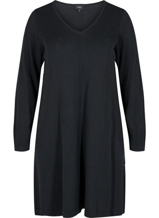 Plain V-neck knitted dress, Black, Packshot image number 0