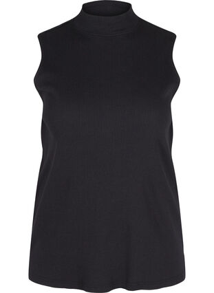 Sleeveless cotton top with a high neck in ribbed fabric, Black, Packshot image number 0