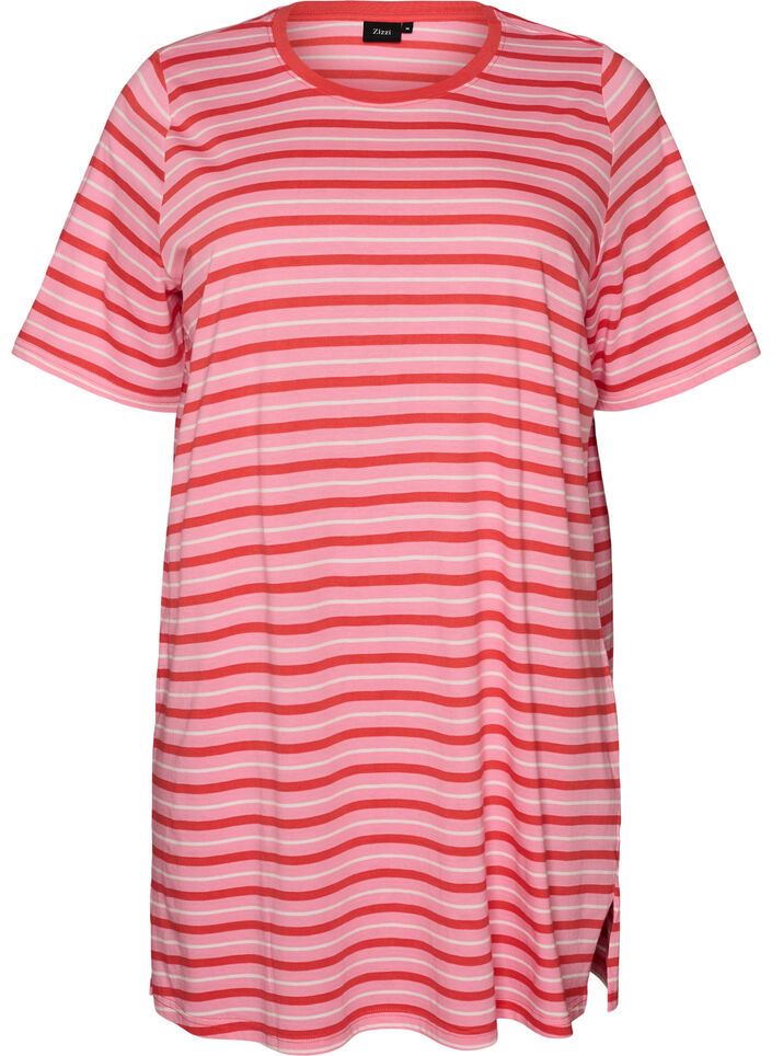Long oversized striped T-shirt in organic cotton, Pink, Packshot image number 0