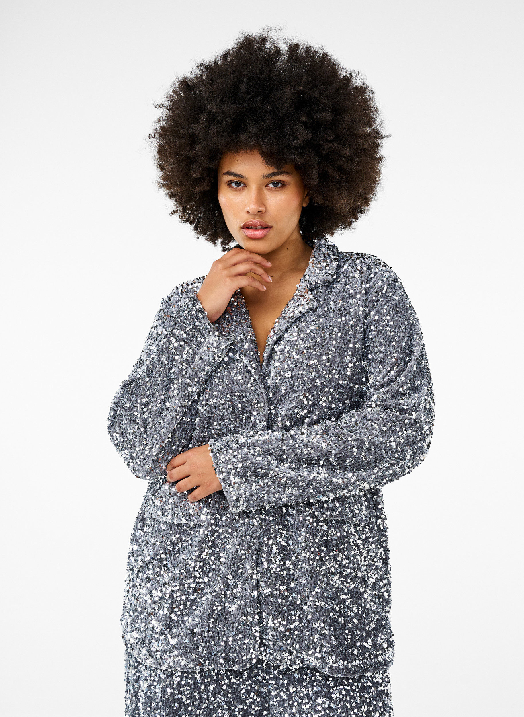 Zizzifashion Sequin blazer with pockets, Silver, Model image number 0