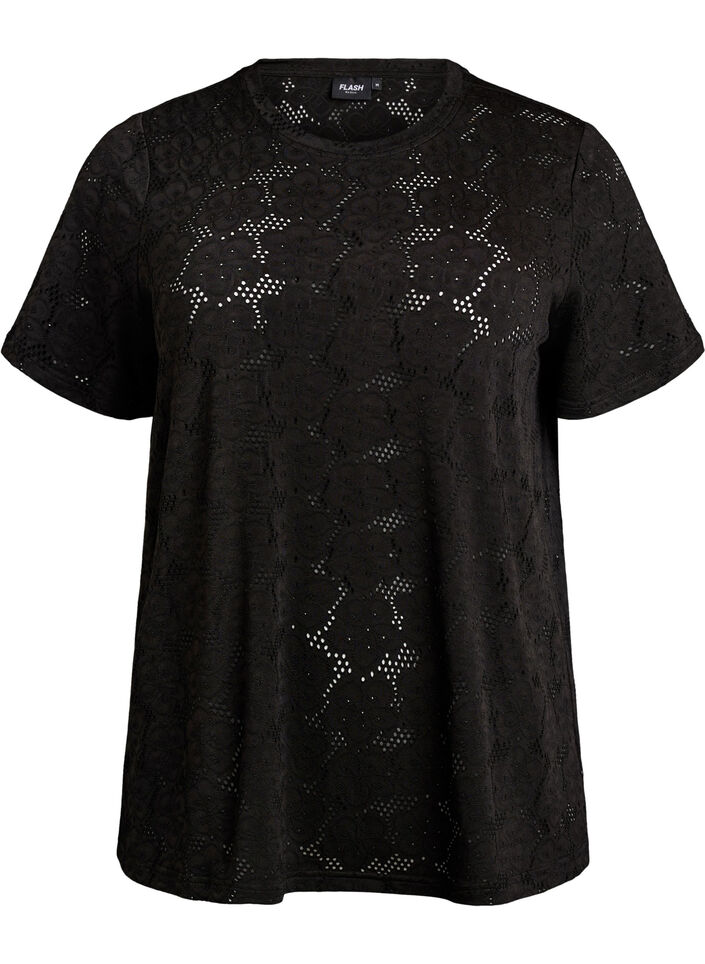 FLASH - T-shirt with eyelet pattern, Black, Packshot image number 0