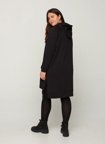 Long-sleeved sweater dress with a hood and a pocket, Black, Model image number 1