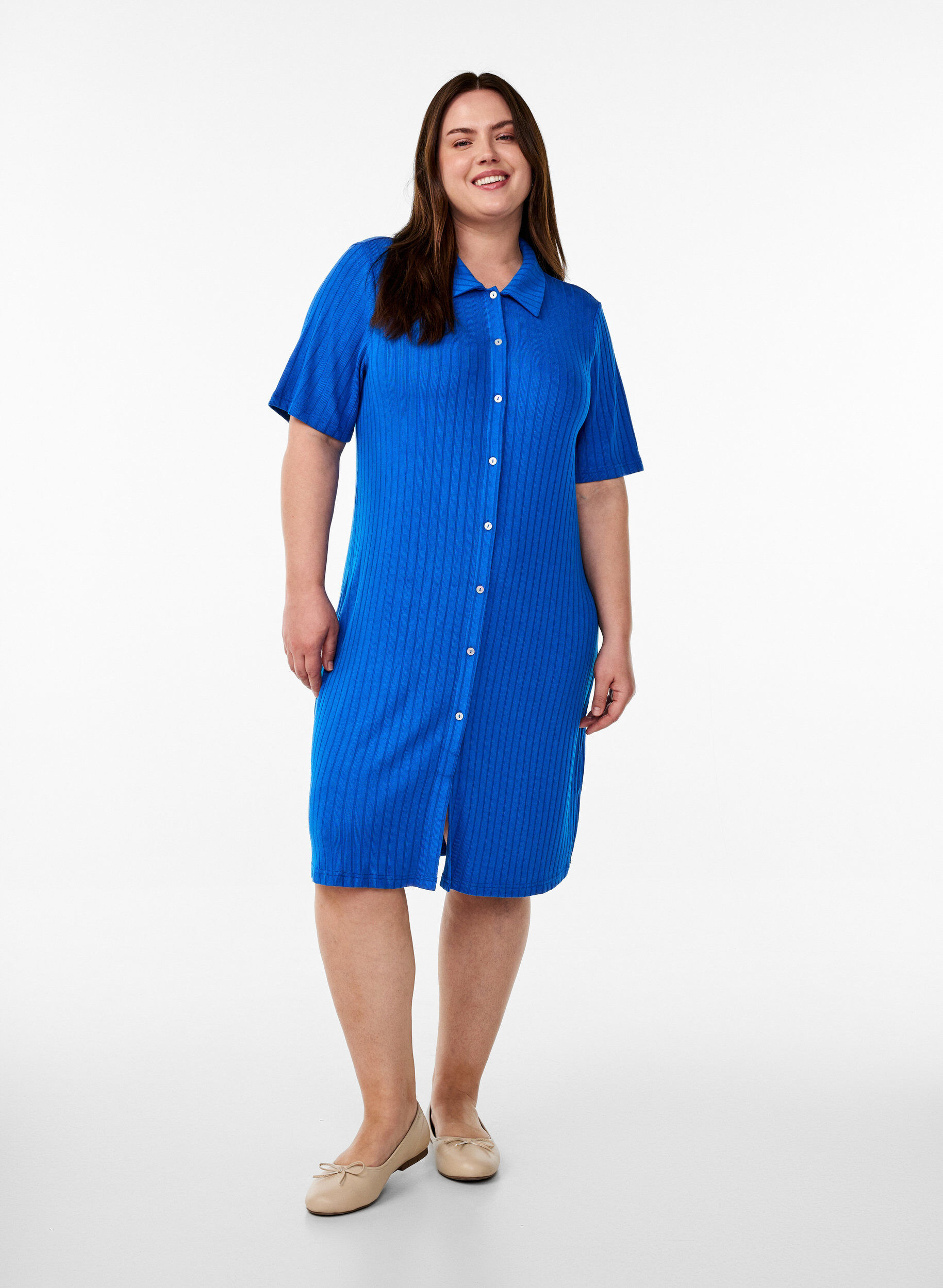 Zizzifashion Knee-length jersey shirt dress with short sleeves, Blue, Model image number 1