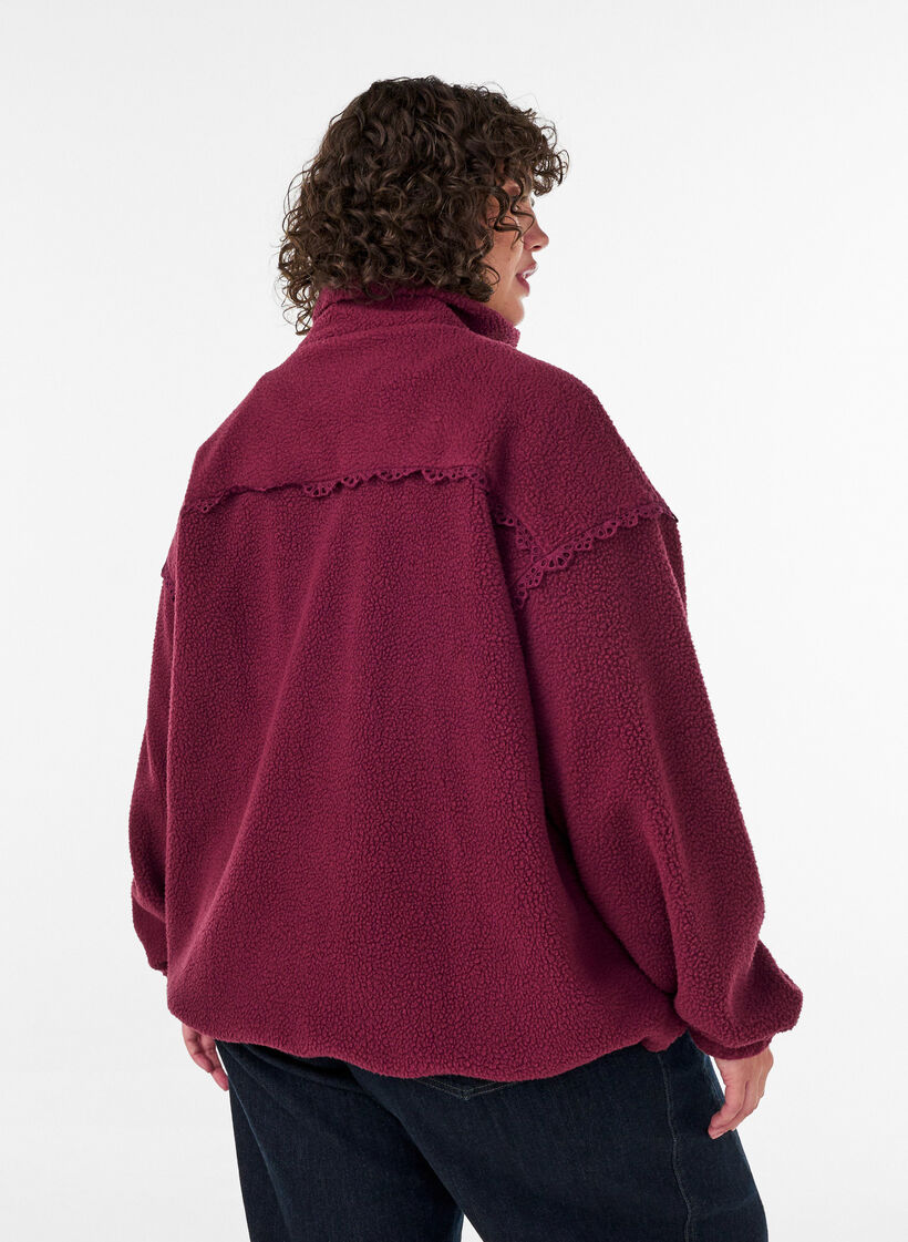 Teddy jacket with eyelet embroidery trim and high collar, Red, Model image number 2